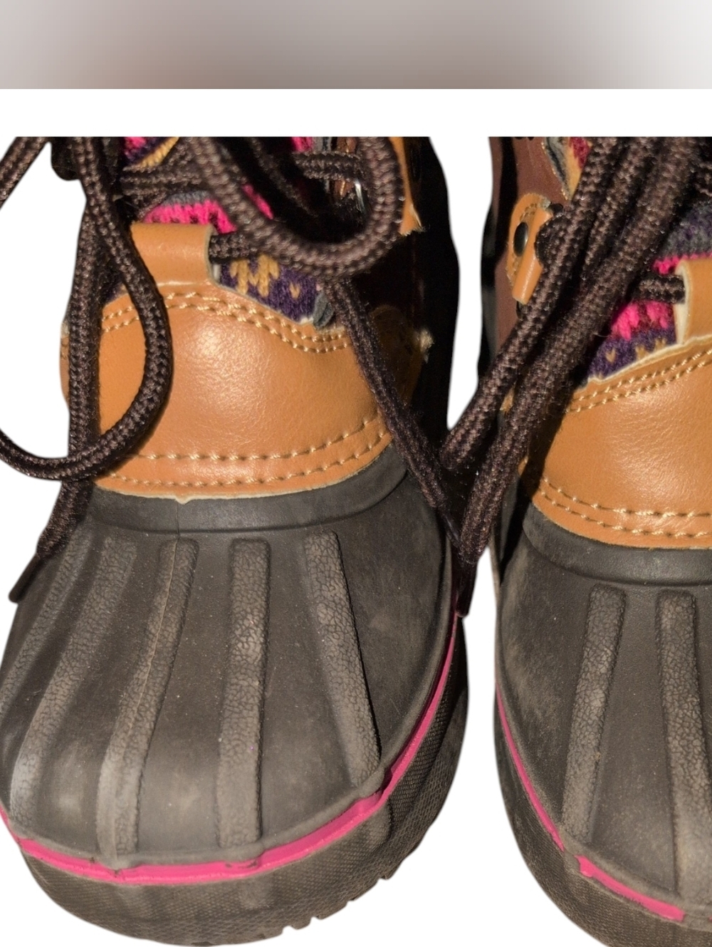 London Fog Brown and Pink Faux-Fur Winter Duck Boots - Picture 4 of 7